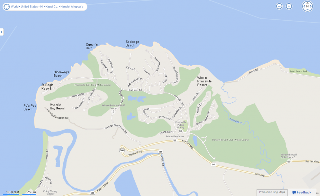 Map of Princeville on North Kauai