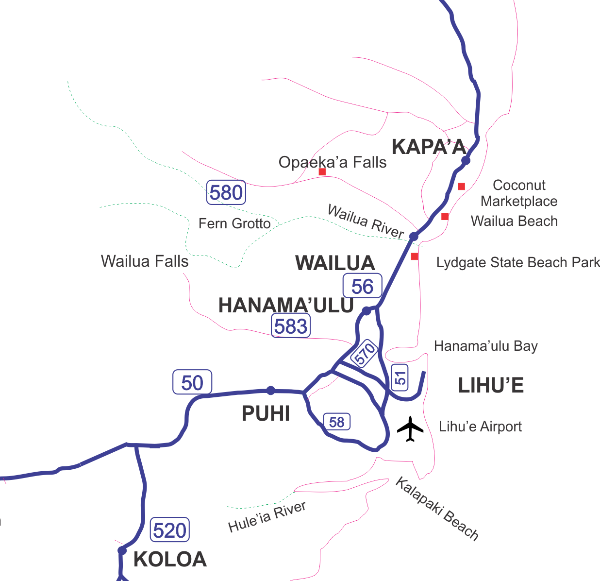Map of Kauai's East shore
