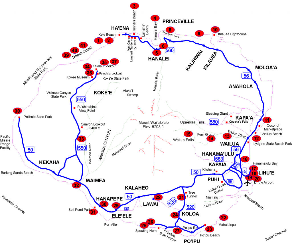 Map of 41 Points of Interest on Kauai