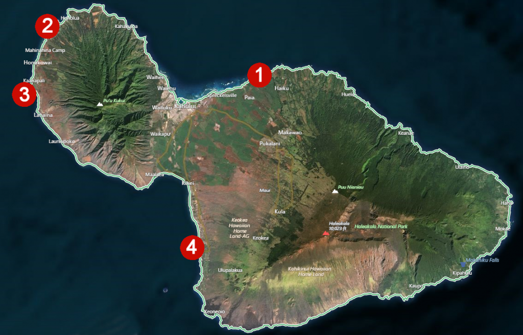 Map of the most likely places to see sea turtles in Maui